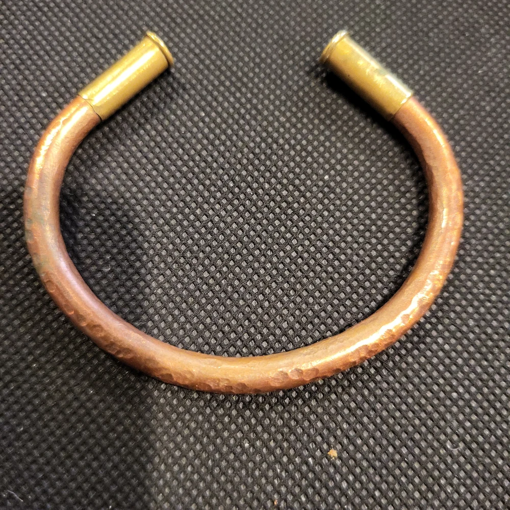 Solid Copper Hand Hammered Cuff Bracelet w/ Brass Bullet Casing Ends Sig…